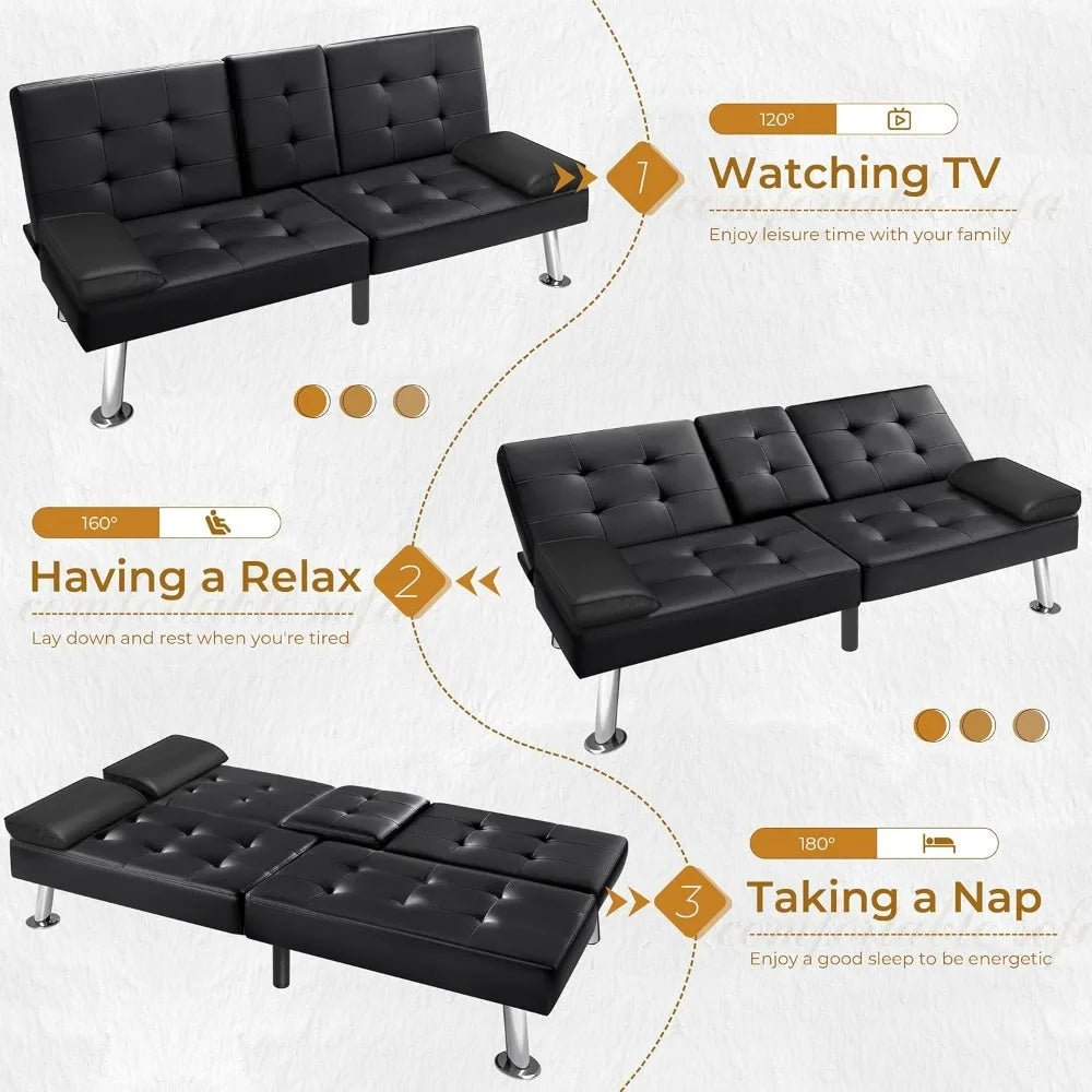 VICTONE Futon Sofa Bed Modern Faux Leather Couch Bed Convertible Folding Recliner for Living Room with 2 Cup Holders and Armrest - Smoothy Home
