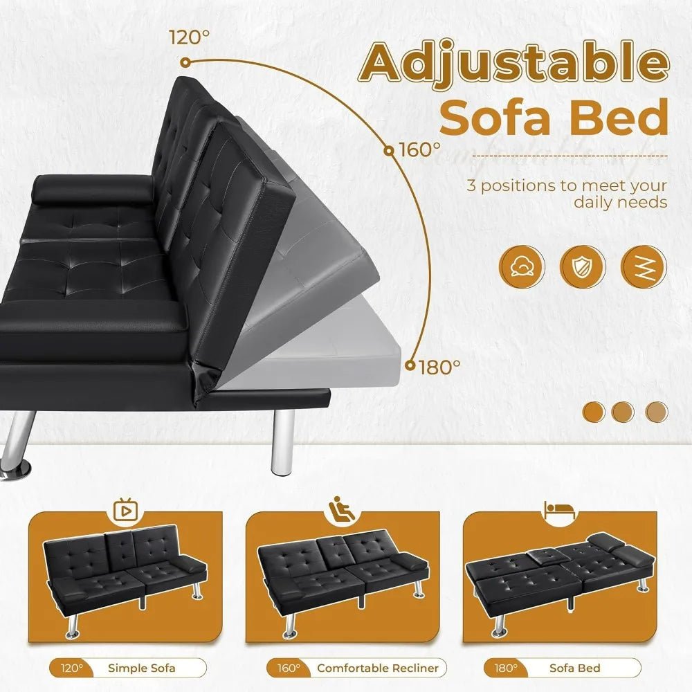 VICTONE Futon Sofa Bed Modern Faux Leather Couch Bed Convertible Folding Recliner for Living Room with 2 Cup Holders and Armrest - Smoothy Home