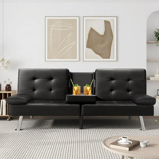 VICTONE Futon Sofa Bed Modern Faux Leather Couch Bed Convertible Folding Recliner for Living Room with 2 Cup Holders and Armrest - Smoothy Home