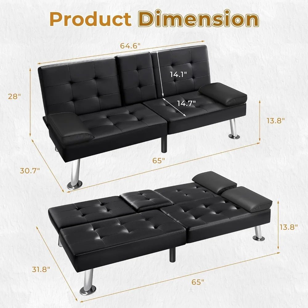 VICTONE Futon Sofa Bed Modern Faux Leather Couch Bed Convertible Folding Recliner for Living Room with 2 Cup Holders and Armrest - Smoothy Home
