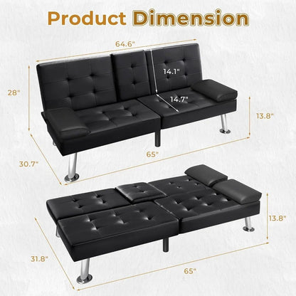 VICTONE Futon Sofa Bed Modern Faux Leather Couch Bed Convertible Folding Recliner for Living Room with 2 Cup Holders and Armrest - Smoothy Home