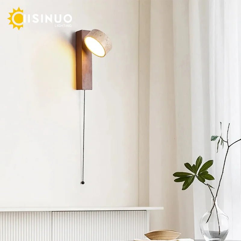 Wabi Sabi Style Natural Yellow Travertine Stone Wall Lamp Rotable With Pull Chain Switch LED Walnut Wood Decor Light for Bedroom - Smoothy Home