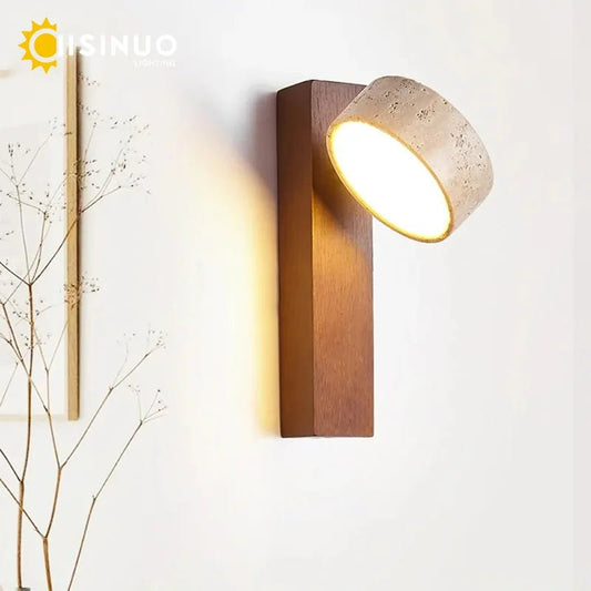 Wabi Sabi Style Natural Yellow Travertine Stone Wall Lamp Rotable With Pull Chain Switch LED Walnut Wood Decor Light for Bedroom - Smoothy Home
