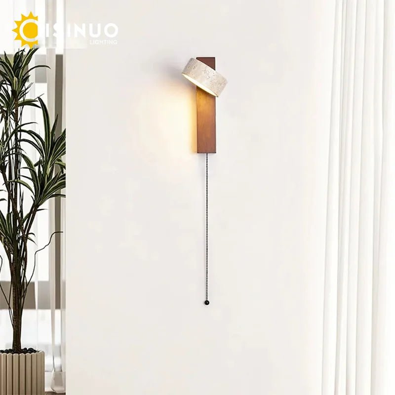 Wabi Sabi Style Natural Yellow Travertine Stone Wall Lamp Rotable With Pull Chain Switch LED Walnut Wood Decor Light for Bedroom - Smoothy Home