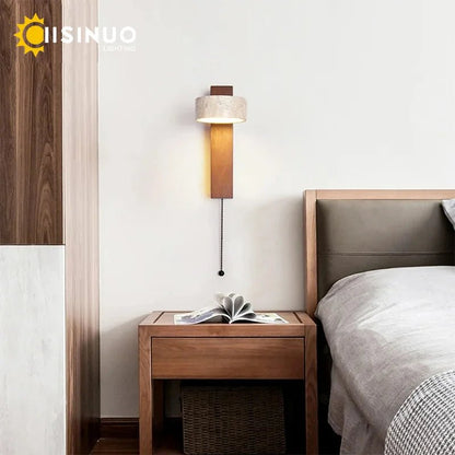 Wabi Sabi Style Natural Yellow Travertine Stone Wall Lamp Rotable With Pull Chain Switch LED Walnut Wood Decor Light for Bedroom - Smoothy Home