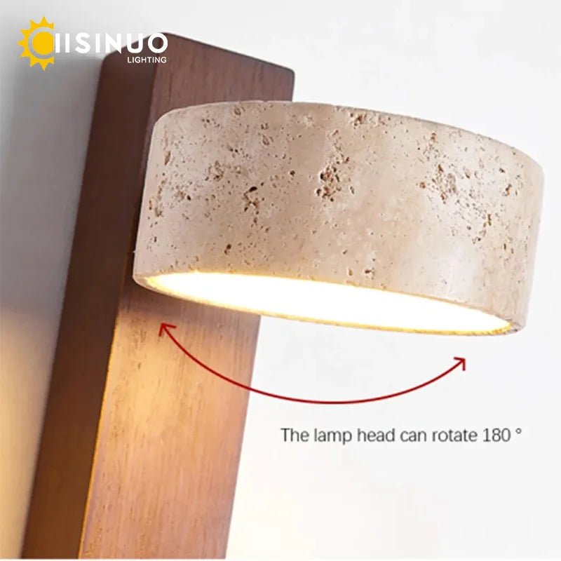 Wabi Sabi Style Natural Yellow Travertine Stone Wall Lamp Rotable With Pull Chain Switch LED Walnut Wood Decor Light for Bedroom - Smoothy Home