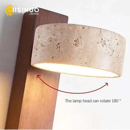 Wabi Sabi Style Natural Yellow Travertine Stone Wall Lamp Rotable With Pull Chain Switch LED Walnut Wood Decor Light for Bedroom - Smoothy Home