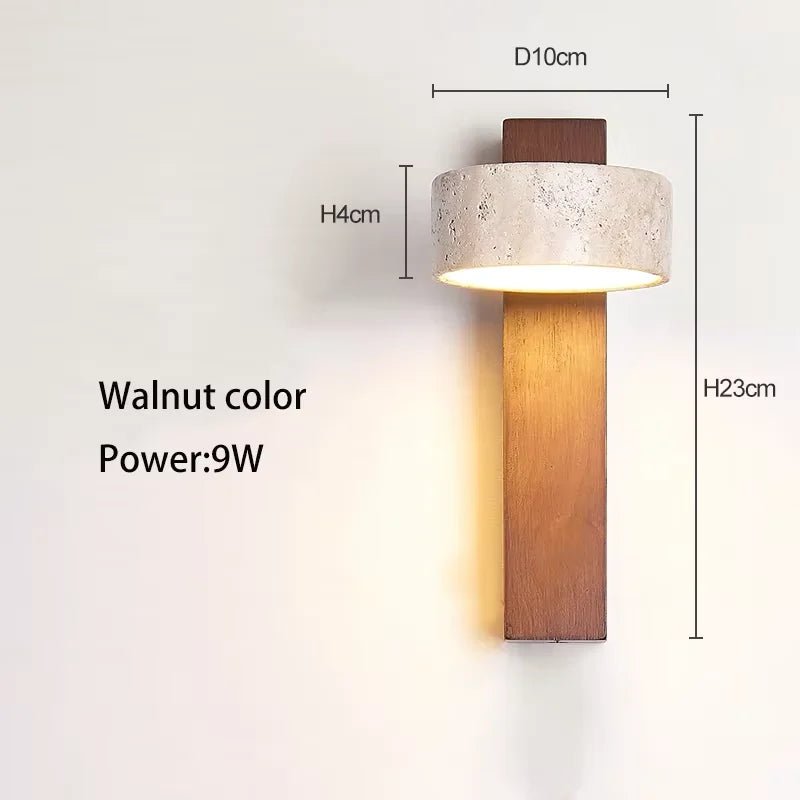 Wabi Sabi Style Natural Yellow Travertine Stone Wall Lamp Rotable With Pull Chain Switch LED Walnut Wood Decor Light for Bedroom - Smoothy Home