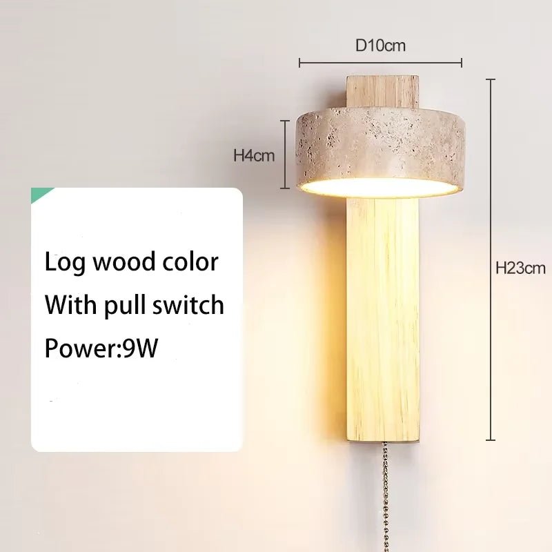 Wabi Sabi Style Natural Yellow Travertine Stone Wall Lamp Rotable With Pull Chain Switch LED Walnut Wood Decor Light for Bedroom - Smoothy Home
