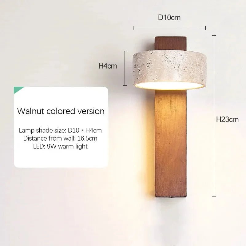 Wabi Sabi Style Natural Yellow Travertine Stone Wall Lamp Rotable With Pull Chain Switch LED Walnut Wood Decor Light for Bedroom - Smoothy Home