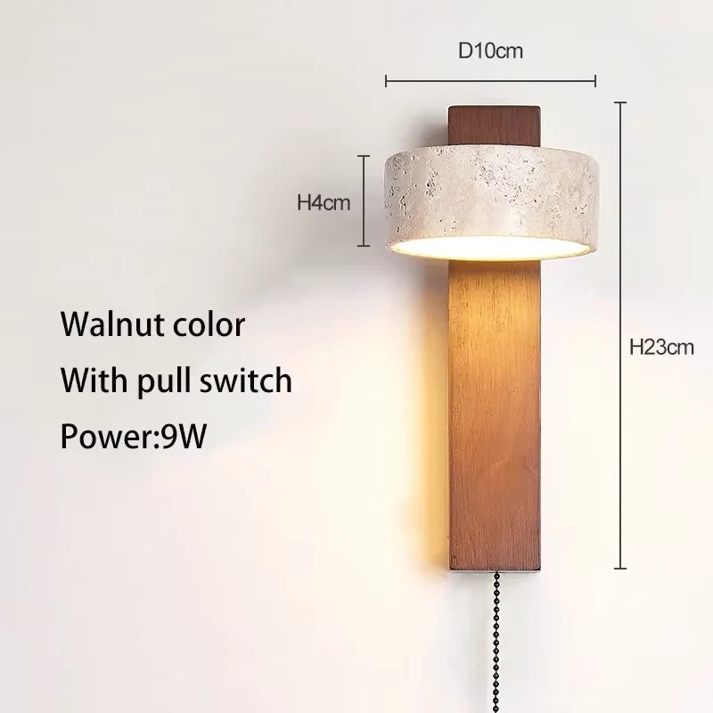 Wabi Sabi Style Natural Yellow Travertine Stone Wall Lamp Rotable With Pull Chain Switch LED Walnut Wood Decor Light for Bedroom - Smoothy Home