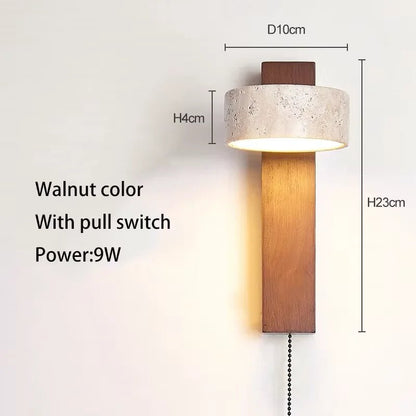 Wabi Sabi Style Natural Yellow Travertine Stone Wall Lamp Rotable With Pull Chain Switch LED Walnut Wood Decor Light for Bedroom - Smoothy Home