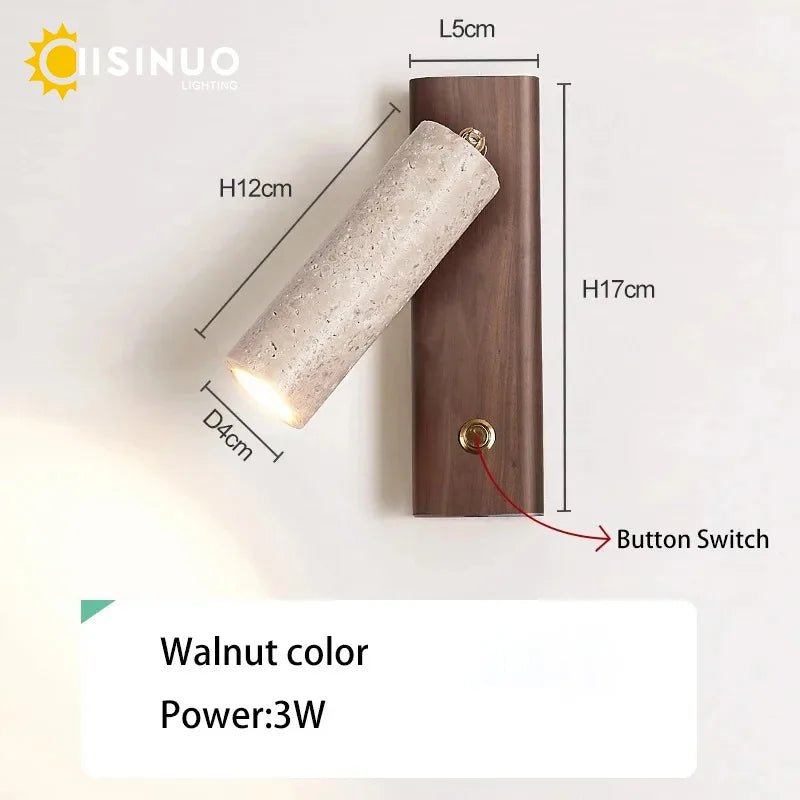 Wabi‑Sabi Natural Yellow Travertine Stone Wall Lamp Wood Rotating Light with Switch Bedside Light for Bedroom Corridor Home Deco - Smoothy Home