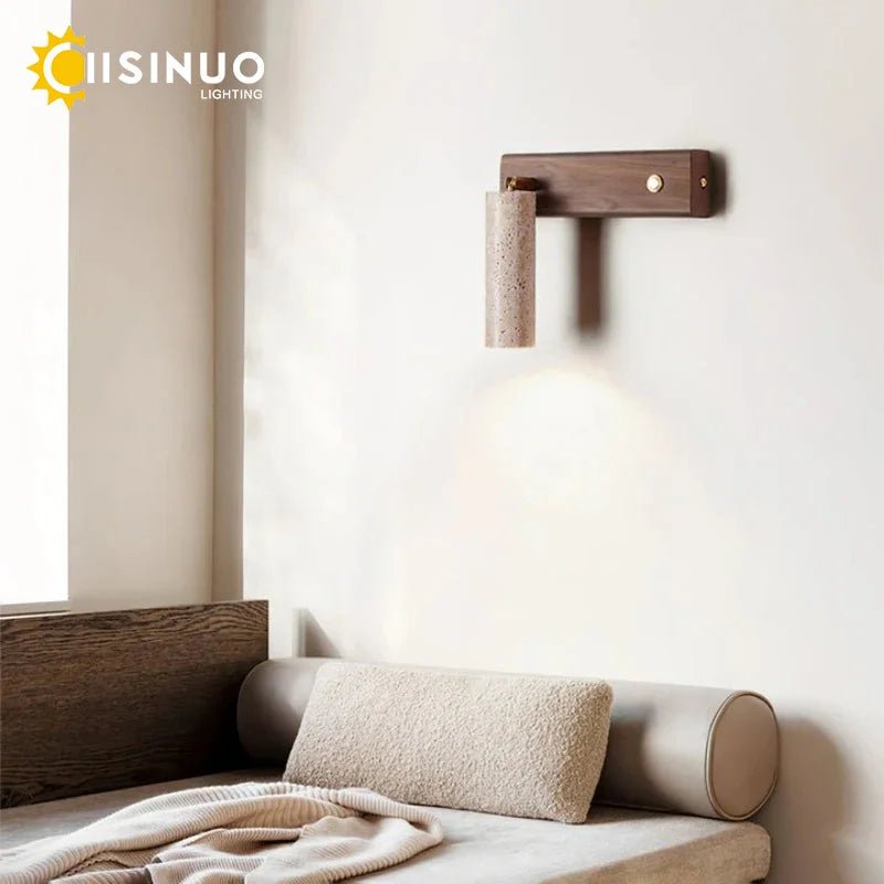 Wabi‑Sabi Natural Yellow Travertine Stone Wall Lamp Wood Rotating Light with Switch Bedside Light for Bedroom Corridor Home Deco - Smoothy Home