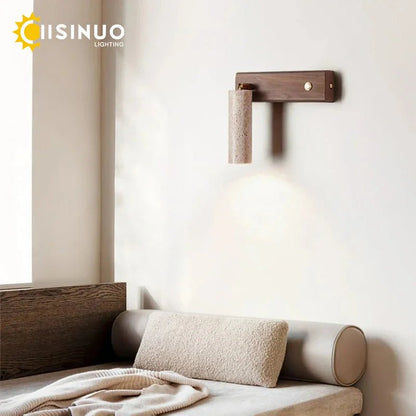 Wabi‑Sabi Natural Yellow Travertine Stone Wall Lamp Wood Rotating Light with Switch Bedside Light for Bedroom Corridor Home Deco - Smoothy Home