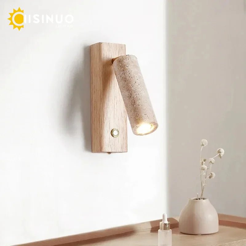 Wabi‑Sabi Natural Yellow Travertine Stone Wall Lamp Wood Rotating Light with Switch Bedside Light for Bedroom Corridor Home Deco - Smoothy Home