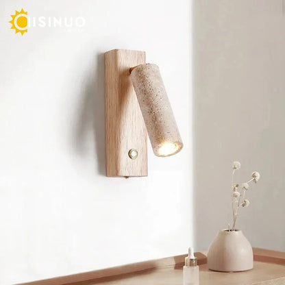 Wabi‑Sabi Natural Yellow Travertine Stone Wall Lamp Wood Rotating Light with Switch Bedside Light for Bedroom Corridor Home Deco - Smoothy Home
