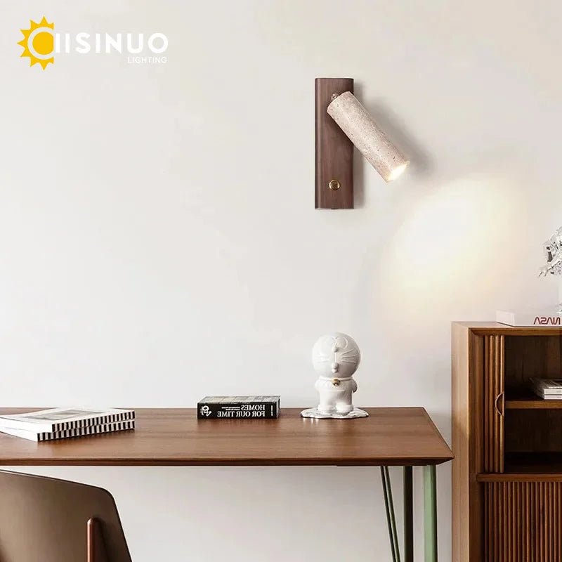Wabi‑Sabi Natural Yellow Travertine Stone Wall Lamp Wood Rotating Light with Switch Bedside Light for Bedroom Corridor Home Deco - Smoothy Home