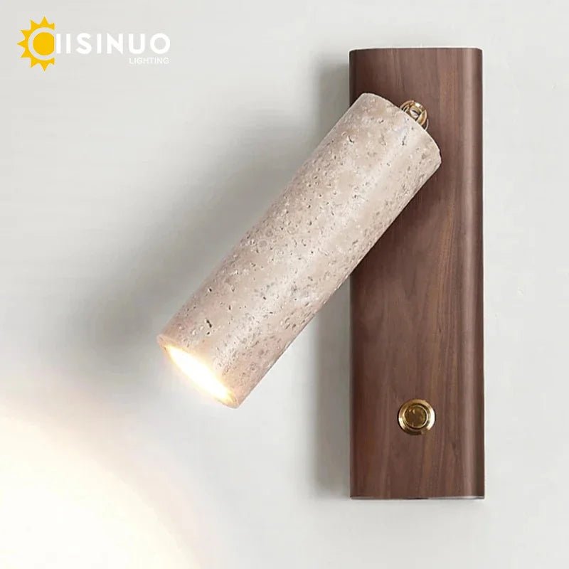 Wabi‑Sabi Natural Yellow Travertine Stone Wall Lamp Wood Rotating Light with Switch Bedside Light for Bedroom Corridor Home Deco - Smoothy Home