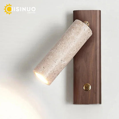 Wabi‑Sabi Natural Yellow Travertine Stone Wall Lamp Wood Rotating Light with Switch Bedside Light for Bedroom Corridor Home Deco - Smoothy Home