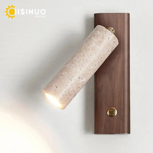 Wabi‑Sabi Natural Yellow Travertine Stone Wall Lamp Wood Rotating Light with Switch Bedside Light for Bedroom Corridor Home Deco - Smoothy Home