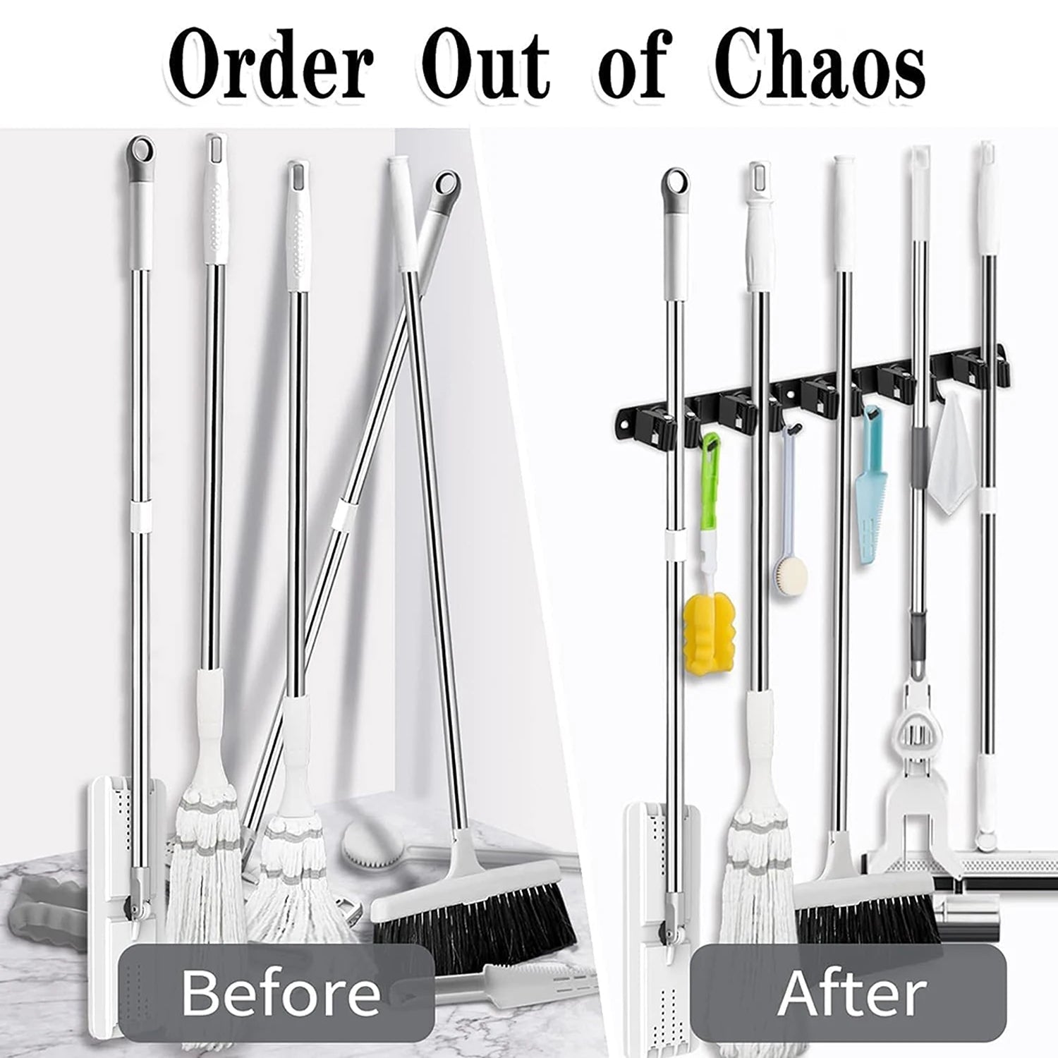Wall Mount Broom Holder Stainless Steel 5 Racks With 4 Hooks Mop Broom Organizer Heavy Duty Laundry Room Garage Storage Hanger - Smoothy Home