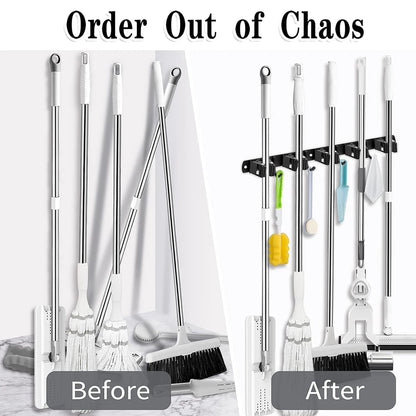 Wall Mount Broom Holder Stainless Steel 5 Racks With 4 Hooks Mop Broom Organizer Heavy Duty Laundry Room Garage Storage Hanger - Smoothy Home