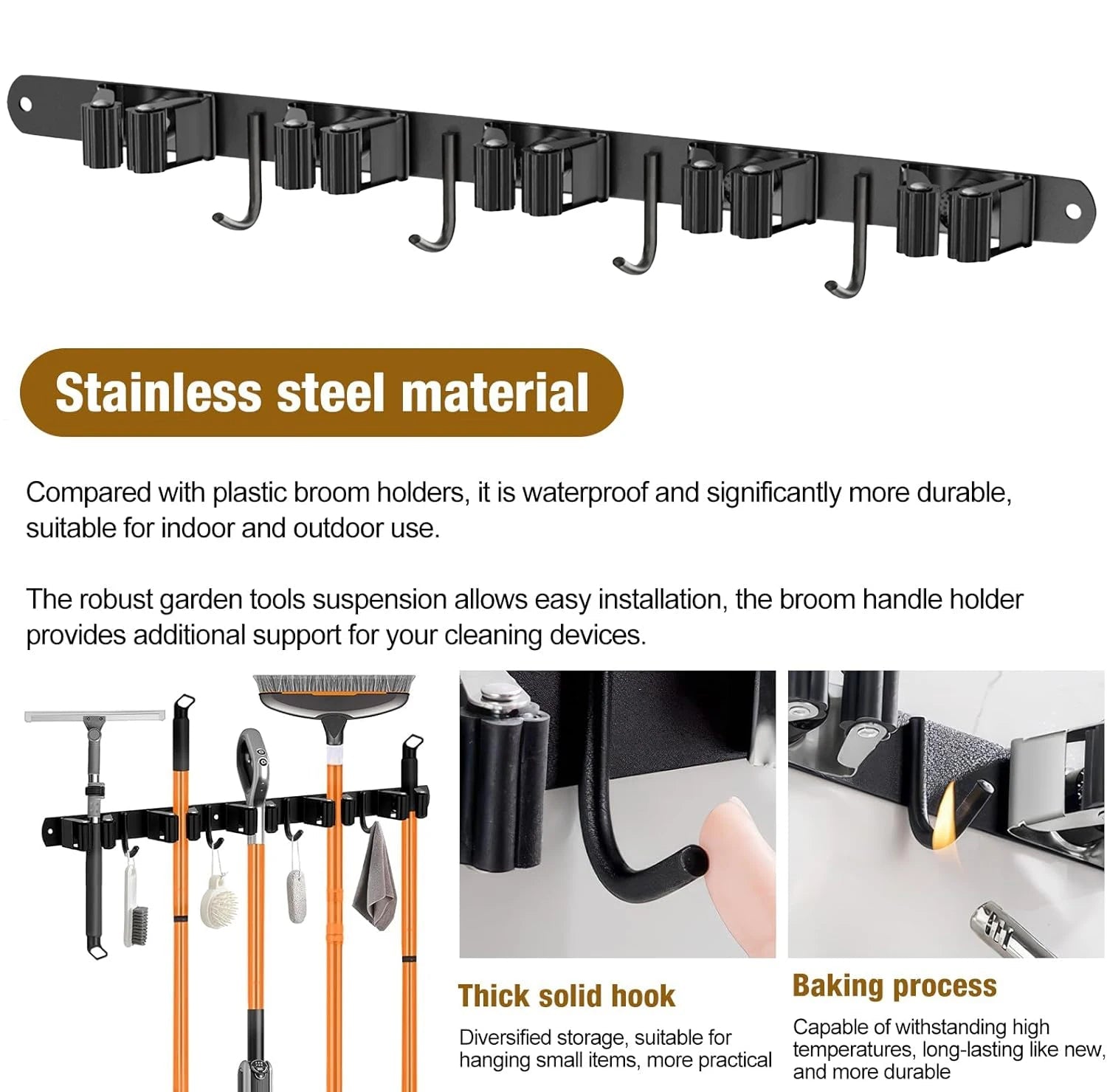 Wall Mount Broom Holder Stainless Steel 5 Racks With 4 Hooks Mop Broom Organizer Heavy Duty Laundry Room Garage Storage Hanger - Smoothy Home