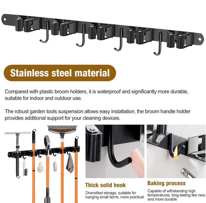 Wall Mount Broom Holder Stainless Steel 5 Racks With 4 Hooks Mop Broom Organizer Heavy Duty Laundry Room Garage Storage Hanger - Smoothy Home