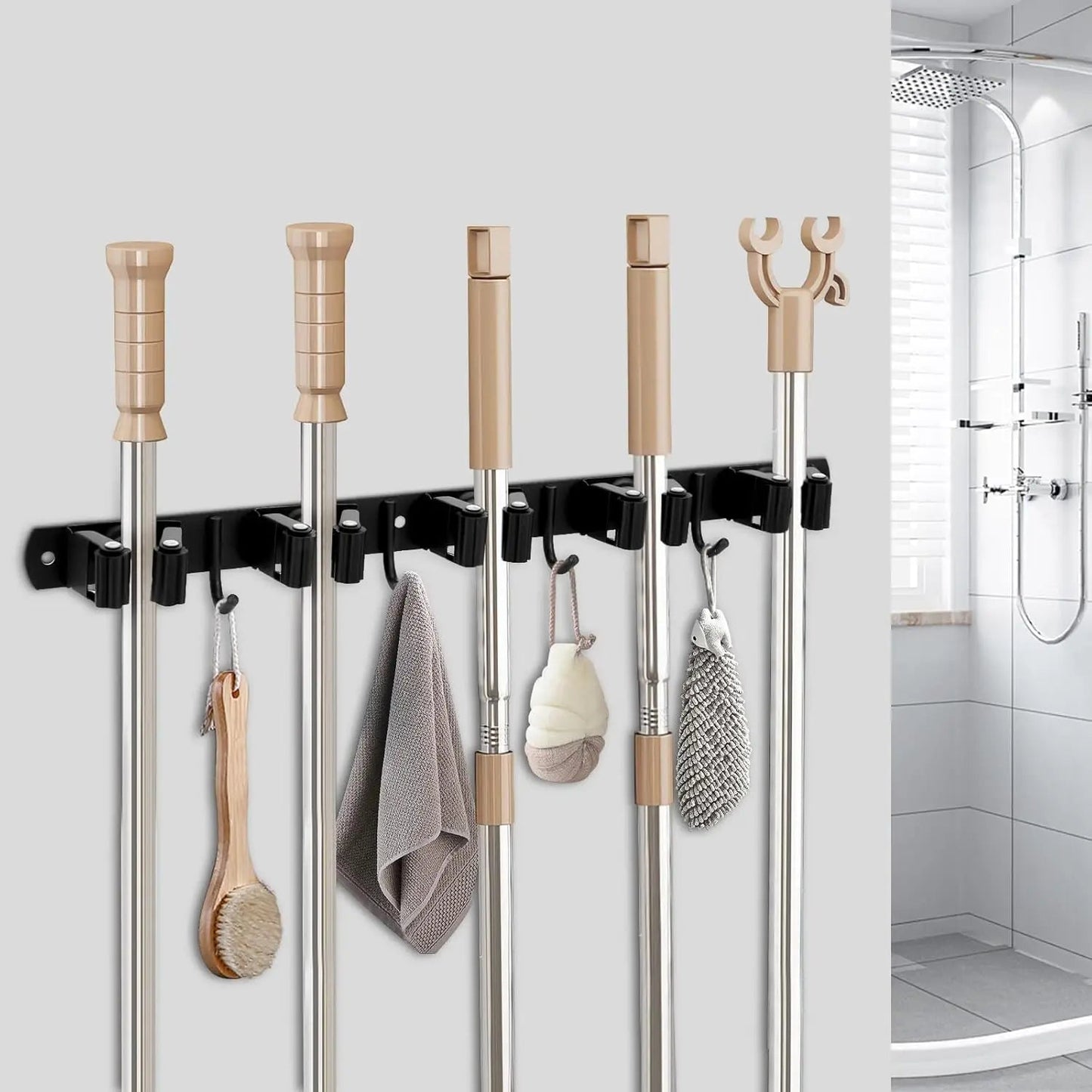 Wall Mount Broom Holder Stainless Steel 5 Racks With 4 Hooks Mop Broom Organizer Heavy Duty Laundry Room Garage Storage Hanger - Smoothy Home