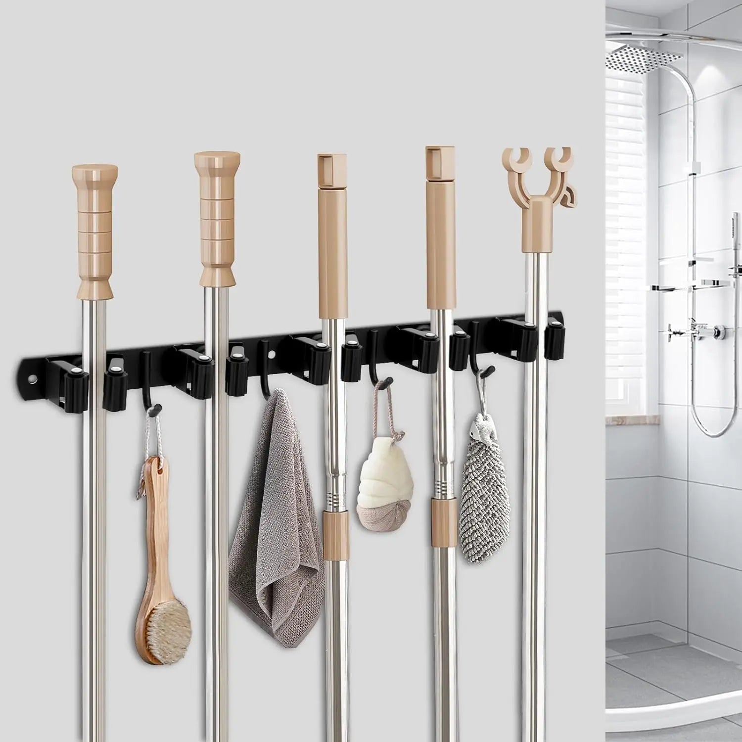Wall Mount Broom Holder Stainless Steel 5 Racks With 4 Hooks Mop Broom Organizer Heavy Duty Laundry Room Garage Storage Hanger - Smoothy Home