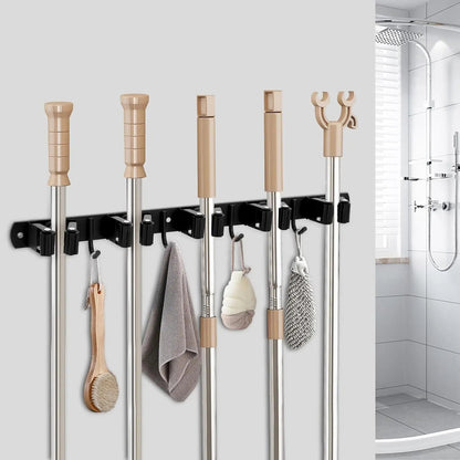 Wall Mount Broom Holder Stainless Steel 5 Racks With 4 Hooks Mop Broom Organizer Heavy Duty Laundry Room Garage Storage Hanger - Smoothy Home