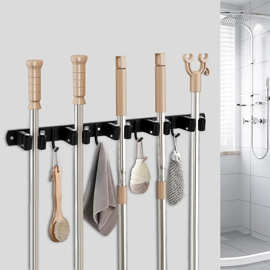 Wall Mount Broom Holder Stainless Steel 5 Racks With 4 Hooks Mop Broom Organizer Heavy Duty Laundry Room Garage Storage Hanger - Smoothy Home