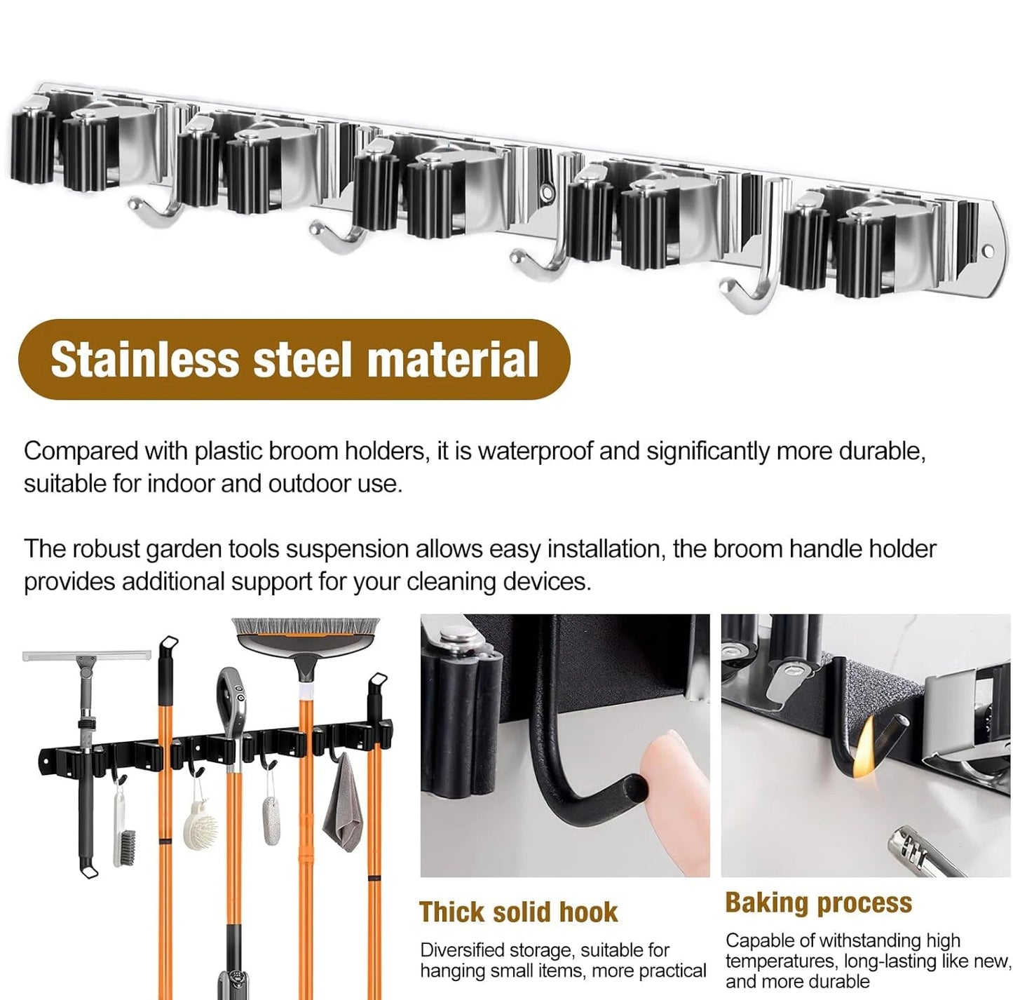 Wall Mount Broom Holder Stainless Steel 5 Racks With 4 Hooks Mop Broom Organizer Heavy Duty Laundry Room Garage Storage Hanger - Smoothy Home