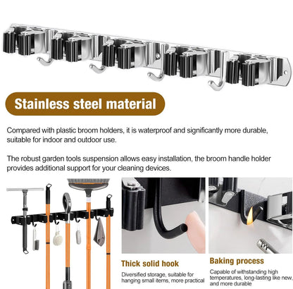 Wall Mount Broom Holder Stainless Steel 5 Racks With 4 Hooks Mop Broom Organizer Heavy Duty Laundry Room Garage Storage Hanger - Smoothy Home