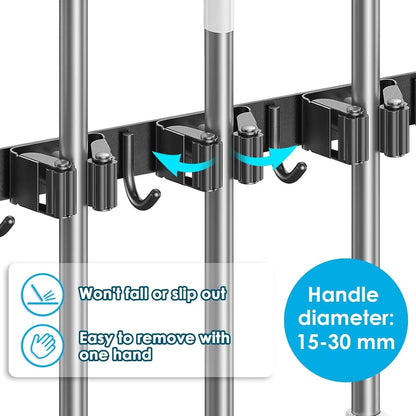 Wall Mount Broom Holder Stainless Steel 5 Racks With 4 Hooks Mop Broom Organizer Heavy Duty Laundry Room Garage Storage Hanger - Smoothy Home