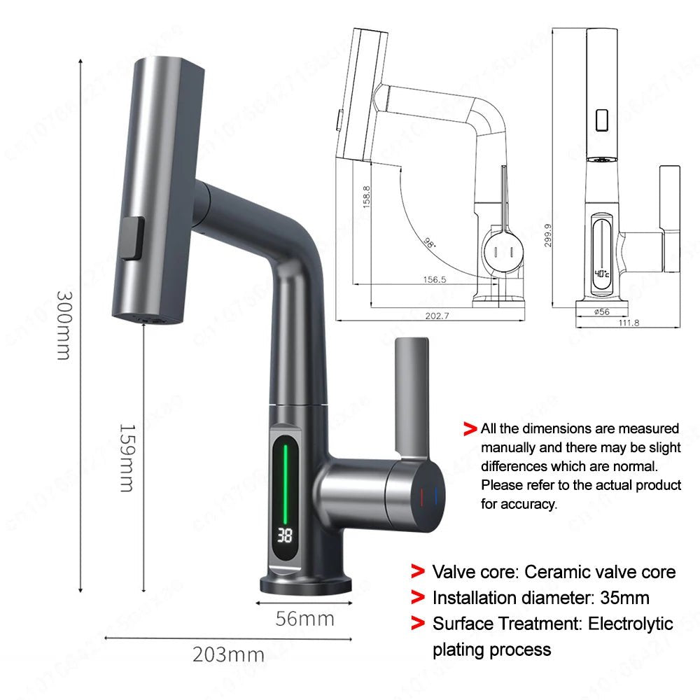 Waterfall Pull Out Kitchen Faucet White Intelligent Digital Display Cold Hot Mixer Taps Rotatable Sink Lifting Basin Faucet - Smoothy Home