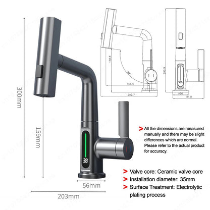 Waterfall Pull Out Kitchen Faucet White Intelligent Digital Display Cold Hot Mixer Taps Rotatable Sink Lifting Basin Faucet - Smoothy Home