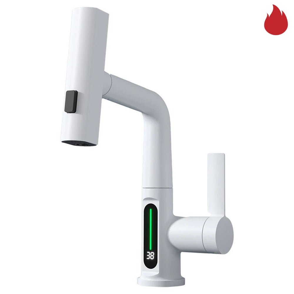Waterfall Pull Out Kitchen Faucet White Intelligent Digital Display Cold Hot Mixer Taps Rotatable Sink Lifting Basin Faucet - Smoothy Home