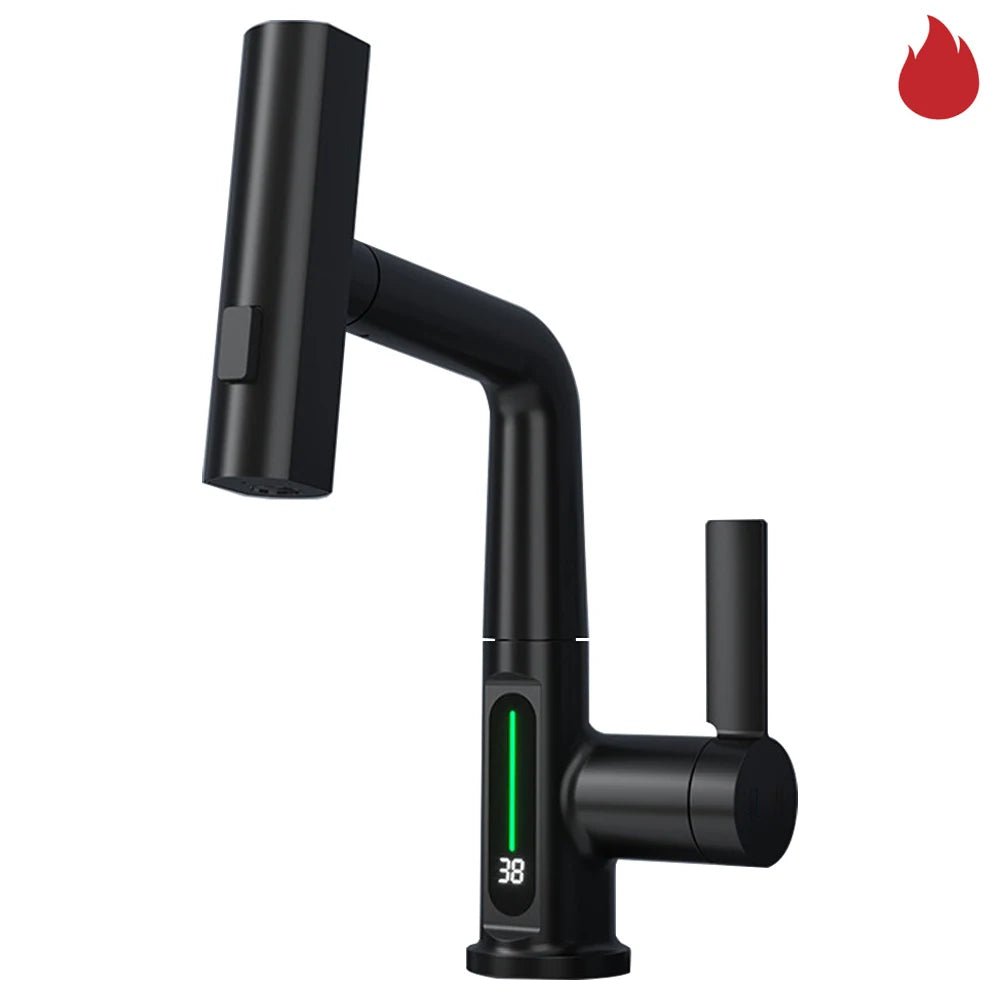 Waterfall Pull Out Kitchen Faucet White Intelligent Digital Display Cold Hot Mixer Taps Rotatable Sink Lifting Basin Faucet - Smoothy Home