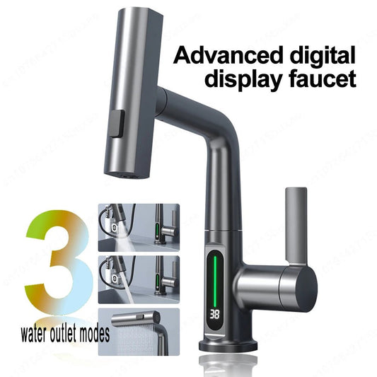 Waterfall Pull Out Kitchen Faucet White Intelligent Digital Display Cold Hot Mixer Taps Rotatable Sink Lifting Basin Faucet - Smoothy Home