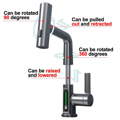Waterfall Pull Out Kitchen Faucet White Intelligent Digital Display Cold Hot Mixer Taps Rotatable Sink Lifting Basin Faucet - Smoothy Home