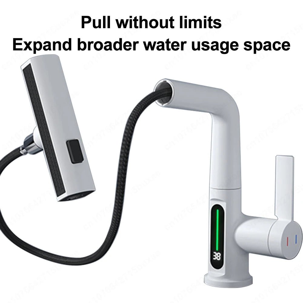 Waterfall Pull Out Kitchen Faucet White Intelligent Digital Display Cold Hot Mixer Taps Rotatable Sink Lifting Basin Faucet - Smoothy Home