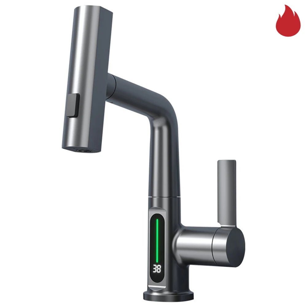 Waterfall Pull Out Kitchen Faucet White Intelligent Digital Display Cold Hot Mixer Taps Rotatable Sink Lifting Basin Faucet - Smoothy Home