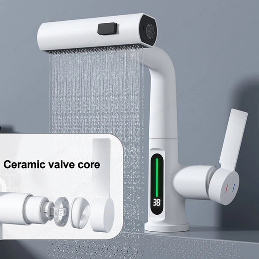 Waterfall Pull Out Kitchen Faucet White Intelligent Digital Display Cold Hot Mixer Taps Rotatable Sink Lifting Basin Faucet - Smoothy Home