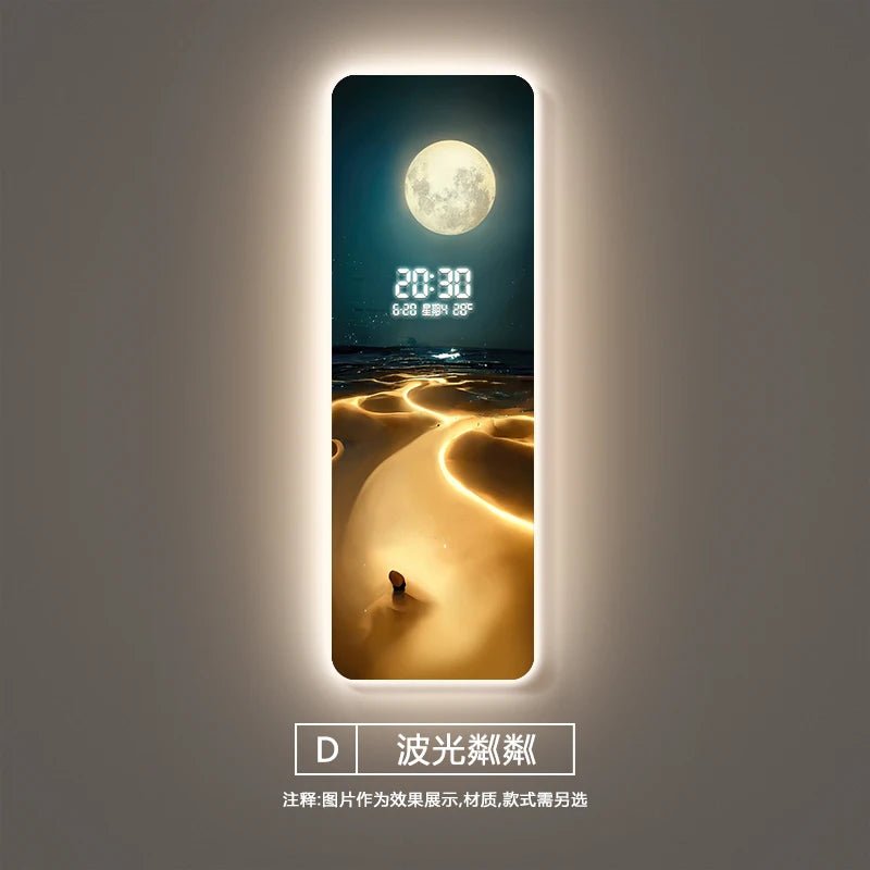 Wave painting, living room clock, moon digital display, intelligent electronic clock, entrance decoration, painted lights - Smoothy Home