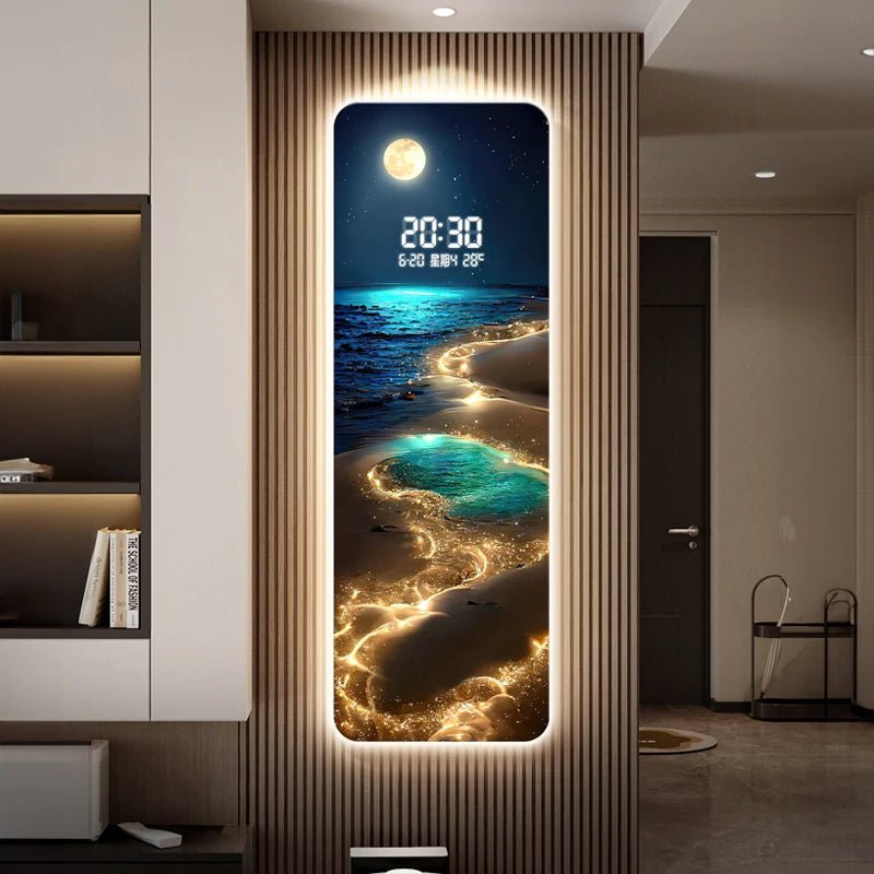 Wave painting, living room clock, moon digital display, intelligent electronic clock, entrance decoration, painted lights - Smoothy Home
