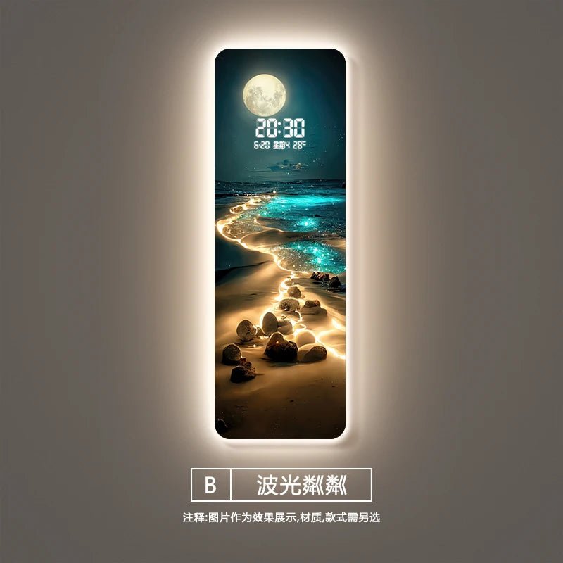 Wave painting, living room clock, moon digital display, intelligent electronic clock, entrance decoration, painted lights - Smoothy Home