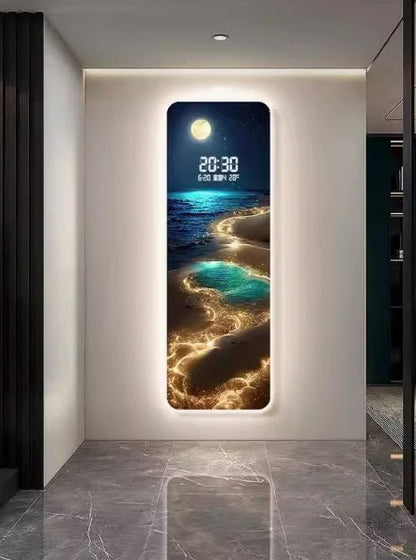 Wave painting, living room clock, moon digital display, intelligent electronic clock, entrance decoration, painted lights - Smoothy Home