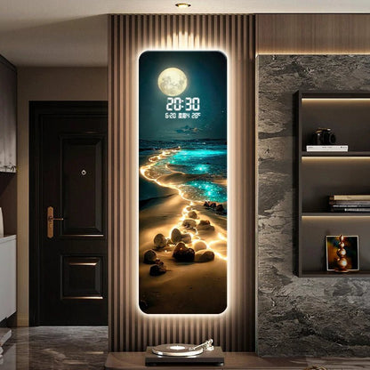 Wave painting, living room clock, moon digital display, intelligent electronic clock, entrance decoration, painted lights - Smoothy Home
